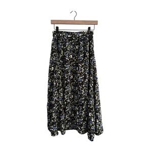 Just Elements Black Floral Midi Skirt Button Front Rayon Medium